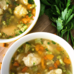 Macedonian-style vegan dumpling soup served warm with fresh parsley