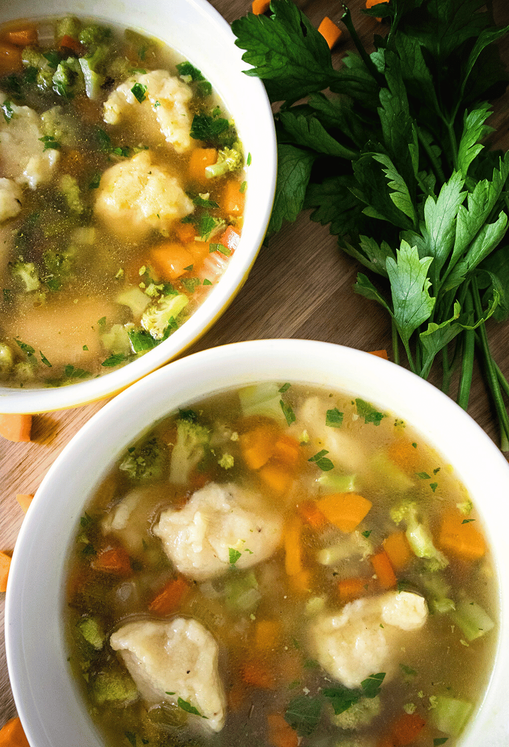 Macedonian-style vegan dumpling soup served warm with fresh parsley